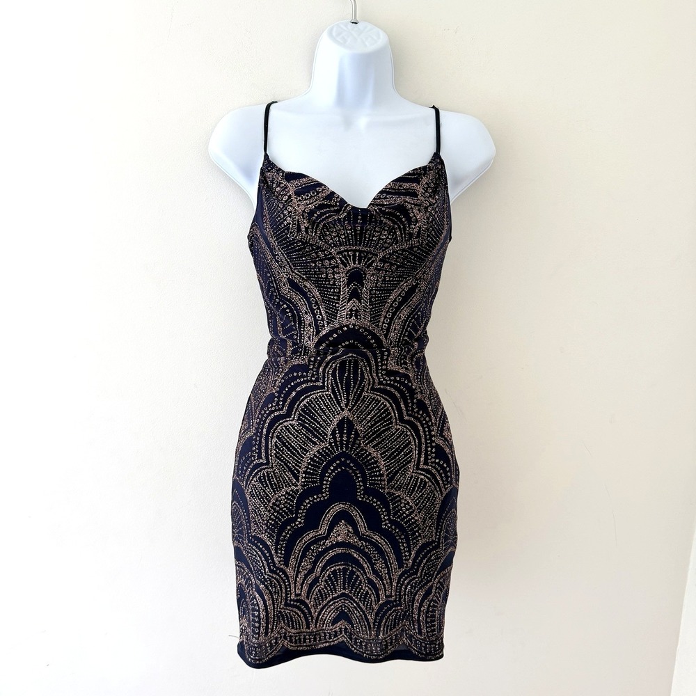 Vintage Y2K Cowl Neck Mini Dress XXS Blue Gold‎ Glitter USA Made Club Going Out